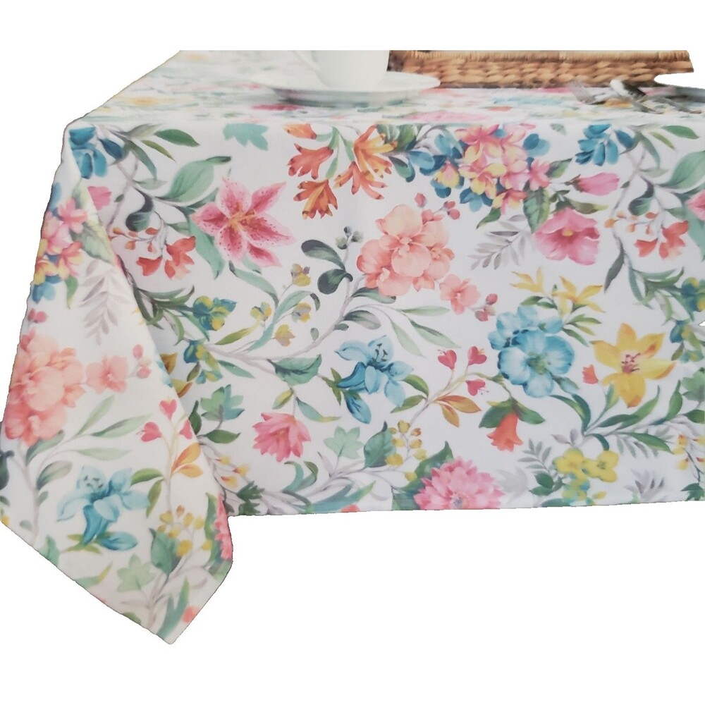 Textured Fabric Printed Tablecloth,60"x104 Oblong, MULTICOLOR FLOWERS,JILLIAN,BM